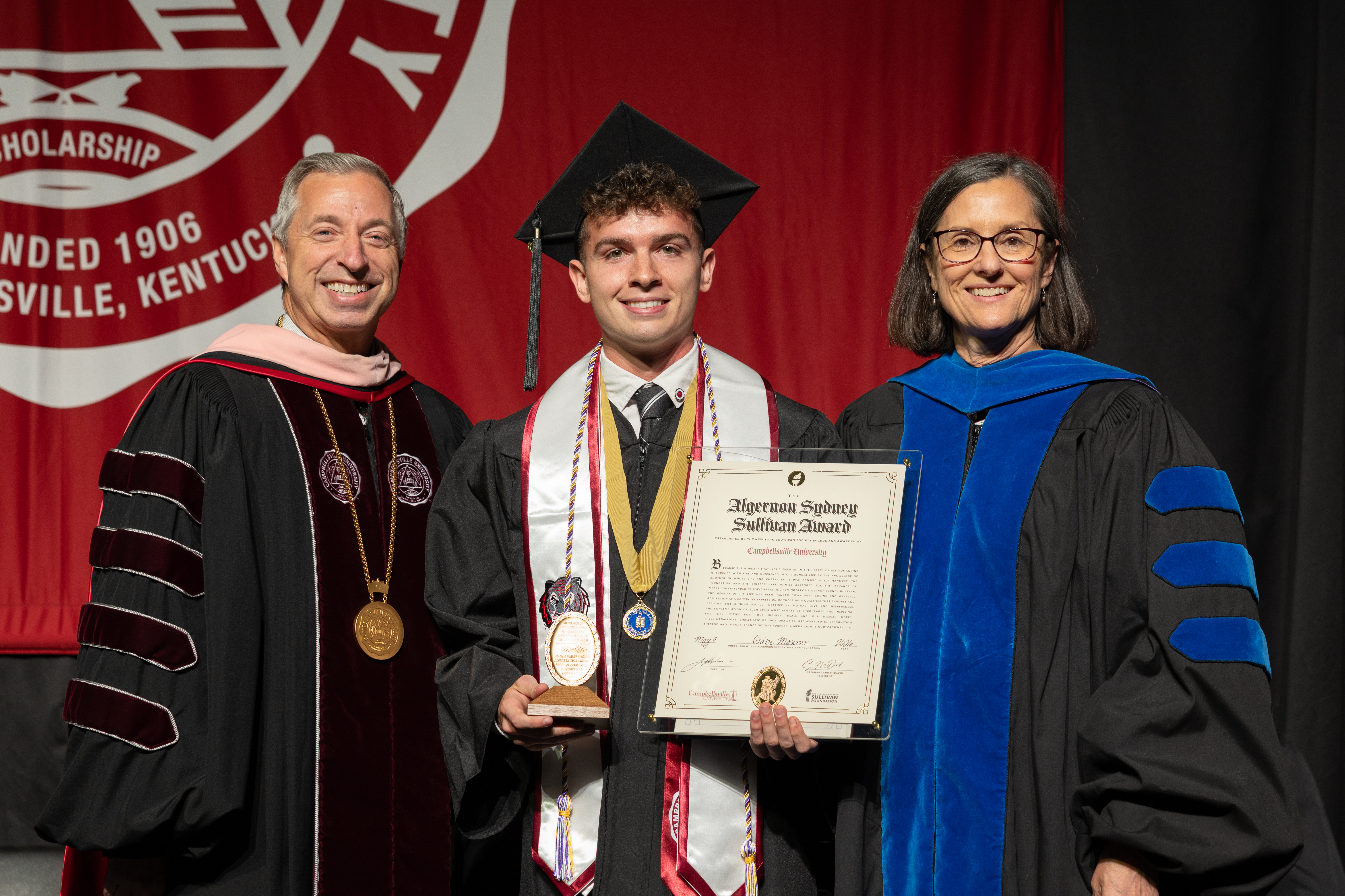Class of 2026 graduate Gabe Maurer received the Algernon Sydney Sullivan Award from CU President Joseph Hopkins (left) and Provost Jeanette Parker (right) Class of 2026 graduate Gabe Maurer received the Algernon Sydney Sullivan Award from CU President Joseph Hopkins (left) and Provost Jeanette Parker (right)