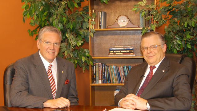 Campbellsville University’s WLCU TV-4 will air a “Dialogue on Public Issues” show with Dr. Keith Spears, vice president for regional and professional education at Campbellsville University, beginning Sunday, Jan. 31. Spears discussed regional and professional education and CU’s continual growth and academic outreach.  Spears, left, is shown with John Chowning, vice president for church and external relations and executive assistant to the president, during the taping.  The show will air on WLCU TV-4, Comcast Cable Channel 10, Sunday, Feb. 7, at 8 a.m.; Monday, Feb. 1, at 1:30 p.m. and 6:30 p.m.; and Wednesday, Feb. 3, at 1:30 p.m. and 7 p.m. (Campbellsville University Photo by Linda M. Waggener)